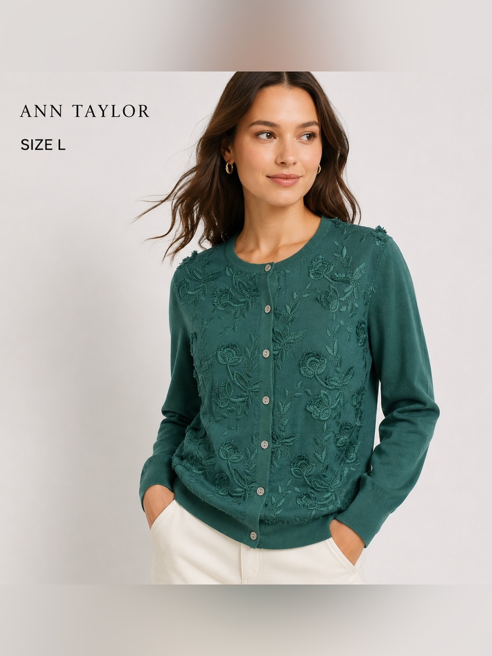 ANN TAYLOR green Embroireded Cardigan with Textured Floral Design/size L